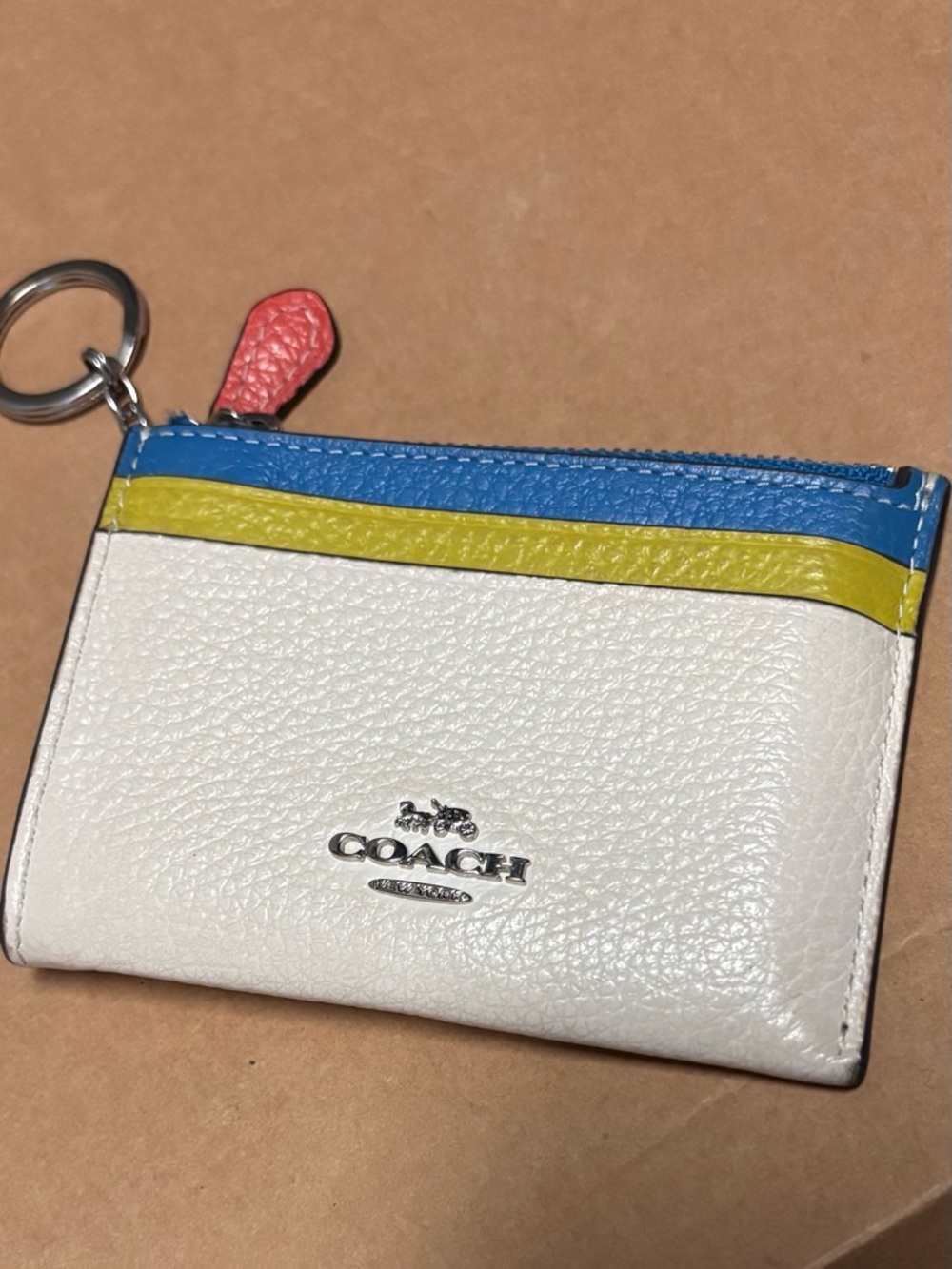 Coach Cream and Blue Leather Card ID Holder with Red Zipper Tab